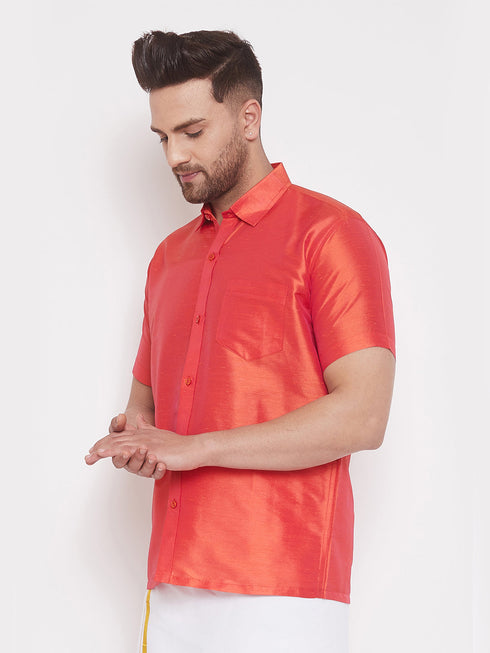 Men's Red Silk Blend Ethnic Shirt